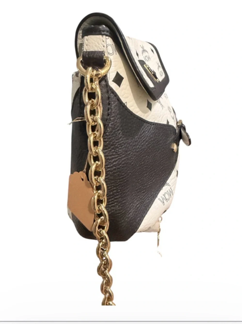 MCM Black and White Logo Leather Shoulder Bag with Gold Chain-Preowned